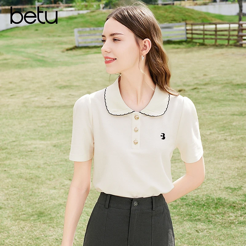 Betu/百图【欧若风】25年夏季新款洋气百搭显瘦时尚翻领T恤2403T16