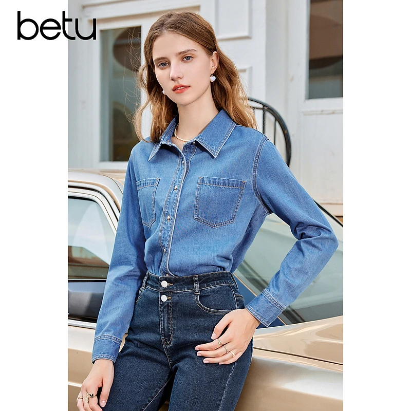 Betu/百图显瘦长袖牛仔蓝色复古时尚百搭设计感休闲衬衫