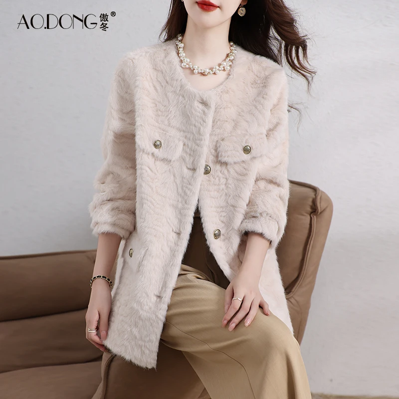 2024新款仿羊羔毛环保皮草女中长款外套毛毛麂皮绒一体保暖冬季