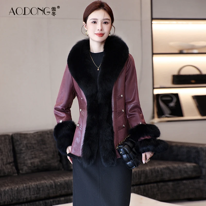 新款海宁兔毛皮草一体外套女修身狐狸毛领短款保暖气质大衣冬季