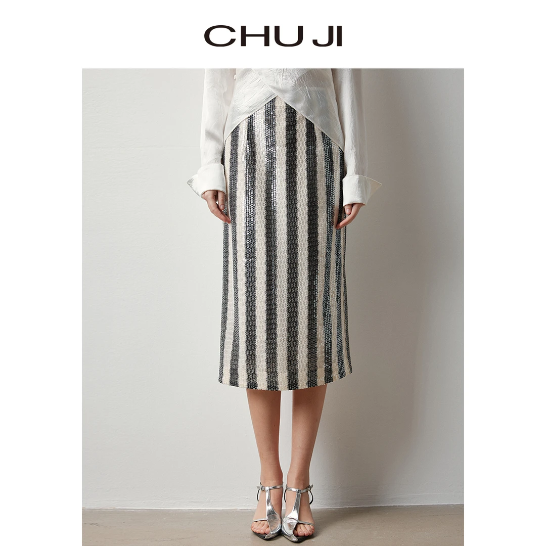 Chuji/出迹亮片半身裙女夏季新款高级感条纹高腰直筒半裙-D1M901L