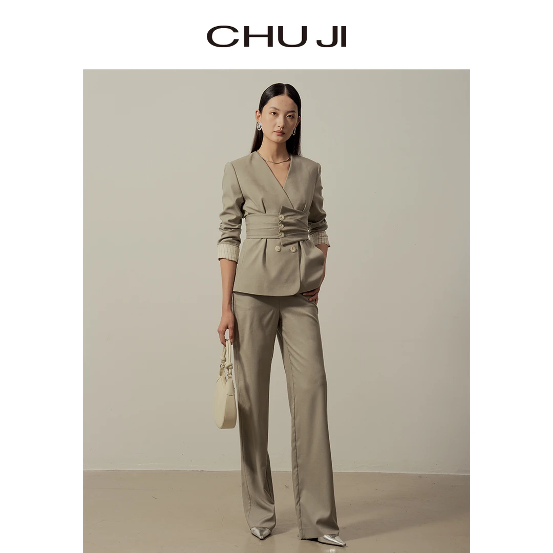 Chuji/出迹灰色时髦通勤设计感腰封无领西装套装-C2Z267WC2Z315K