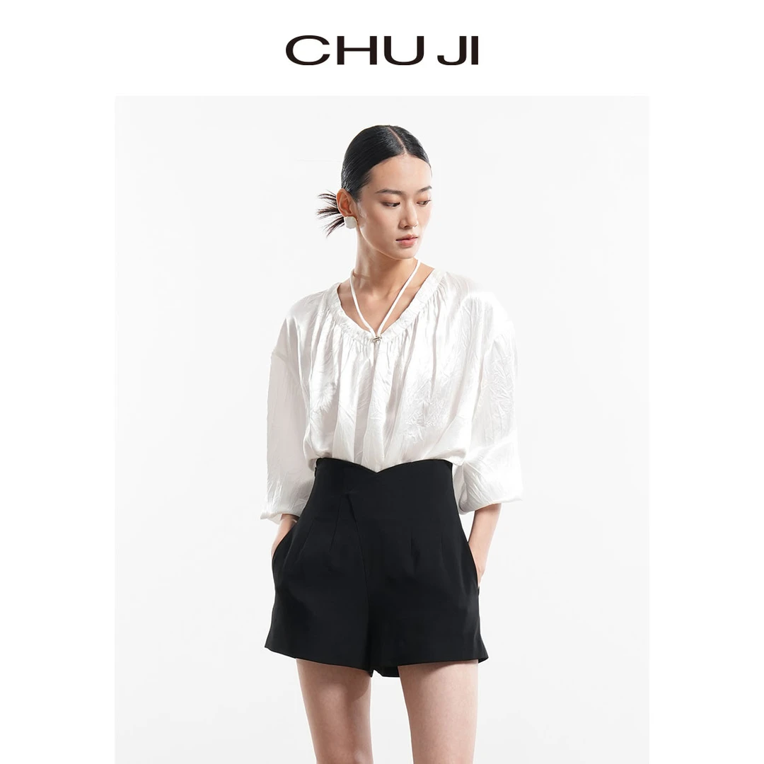 Chuji/出迹夏款法式白色醋酸褶皱百搭上衣-23S523T衬衫气质时尚