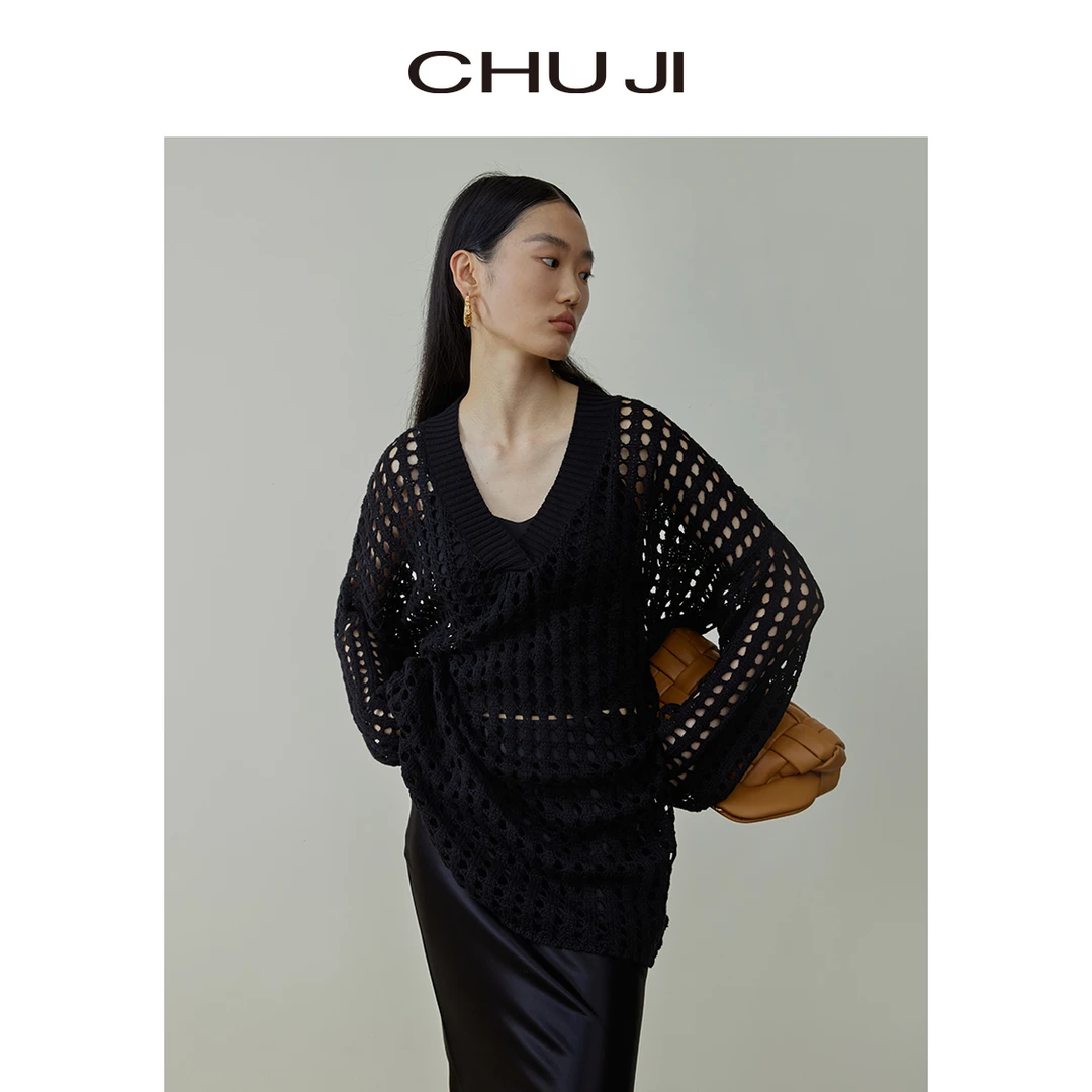 Chuji/出迹 早秋慵懒松弛感V领网格毛衣-23W007M时尚镂空长袖套头