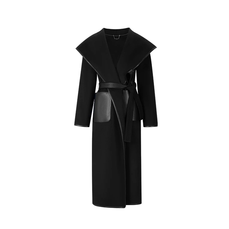 Chuji/出迹摩登优雅气质造型感腰带拼皮黑色长款大衣-C2M436W双面