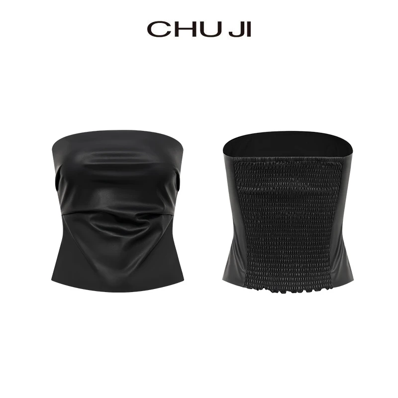 Chuji/出迹pu蛋白皮黑色裹胸上衣女质感露肩打底秋冬-D2Y1702D