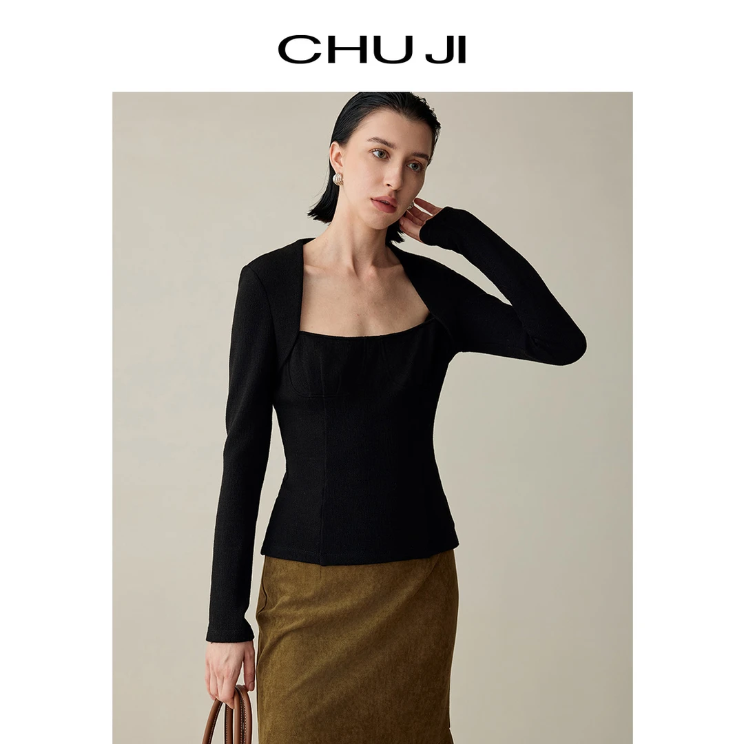 Chuji/出迹假两件方领长袖上衣秋冬设计感天丝收腰小衫-D2M1635D