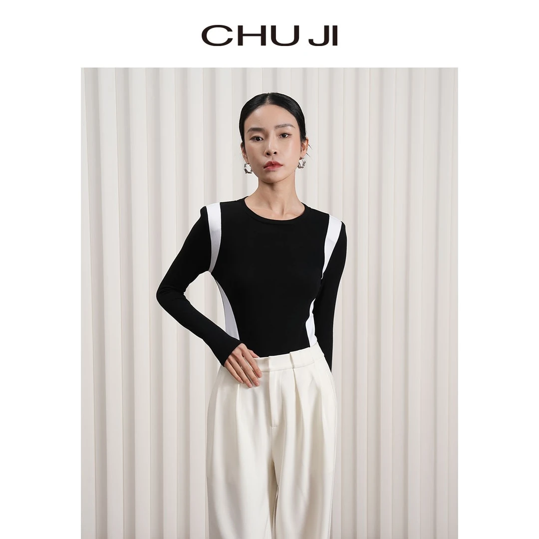 Chuji/出迹23春夏修身拼接黑色时尚打底衫长袖T恤23S028T撞色简约