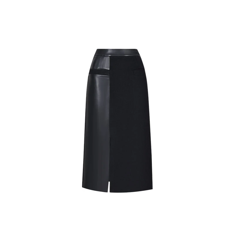 Chuji/出迹黑色毛呢拼皮设计半身裙-22W318L女士休闲气质开叉秋季