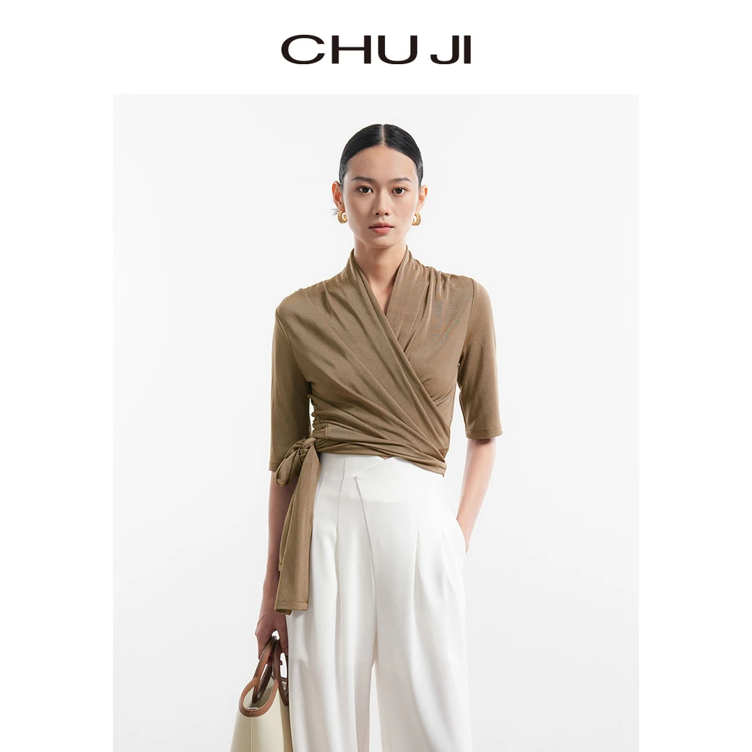 Chuji/出迹夏季百搭醋酸针织五分袖绑带上衣-23S567T衬衫气质时尚