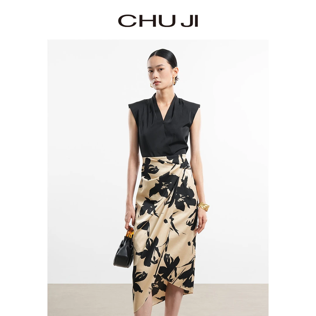 Chuji/出迹夏季通勤拼接印花无袖连衣裙-23S330L长裙女士v领气质
