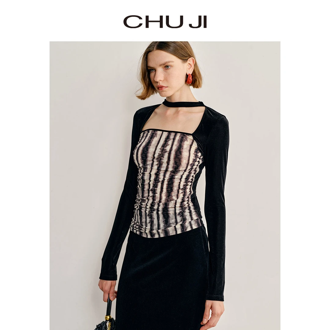 Chuji/出迹斑马纹丝绒拼接长袖上衣女高端方领打底衫-D2Y1390T