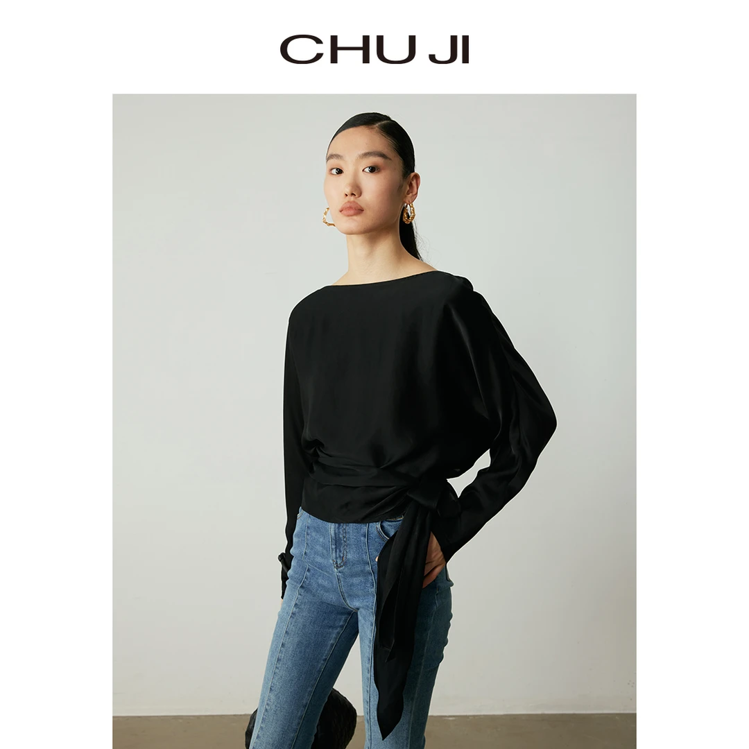 Chuji/出迹一字肩设计不规则飘带绑带衬衫-23W097T女士针织上衣