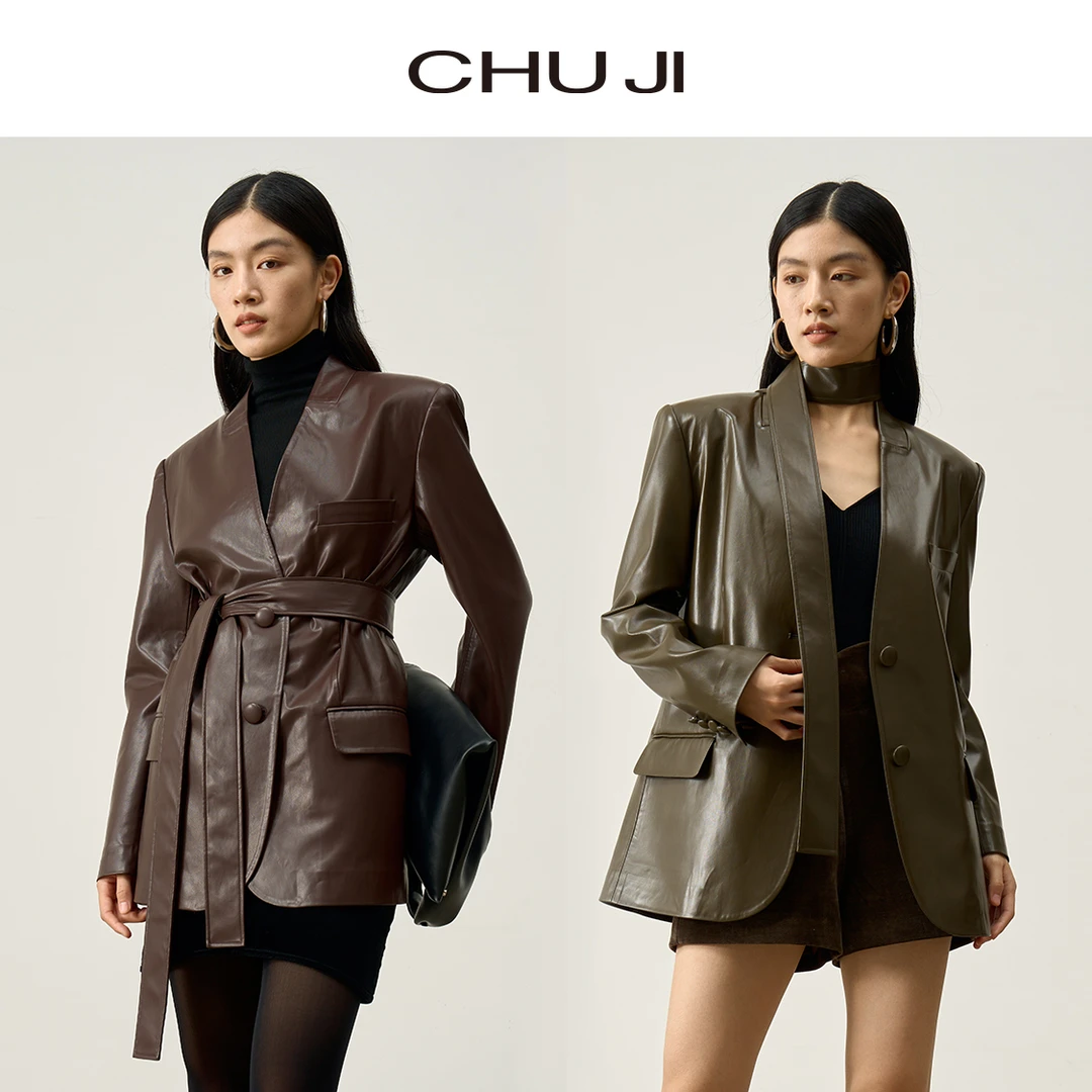 Chuji/出迹 时髦高级感系带修身V领皮衣西服夹克外套-C2M449W秋冬