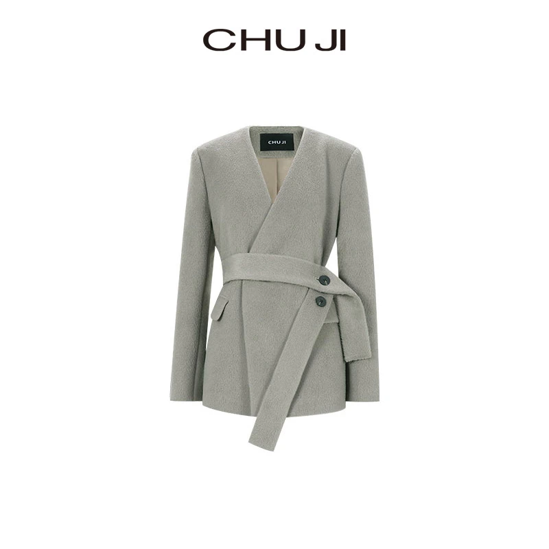 Chuji/出迹烟暮绿V领收腰西服  -22W294W时尚设计师气质秋冬双面