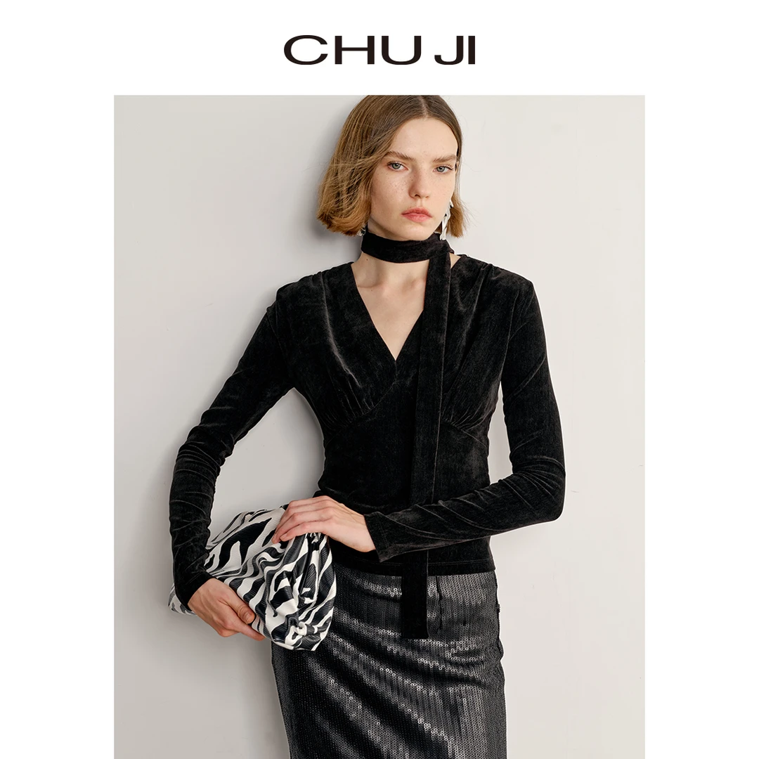 Chuji/出迹法式气质显瘦丝绒感挂脖飘带上衣-C2M533T长袖健身紧身