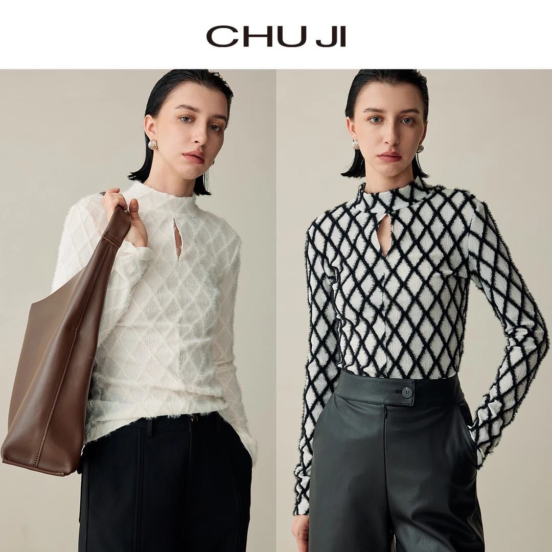 Chuji/出迹时尚设计感小众半高领格纹上衣2024新款长袖-D2M1577T