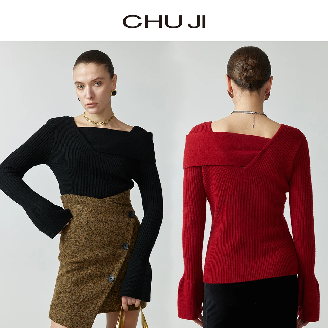 Chuji/出迹不规则纸片人设计感百搭修身长袖针织衫上衣-C2N060M