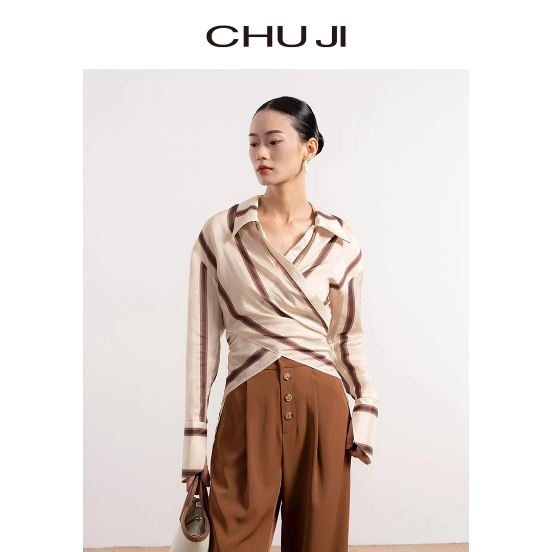 Chuji/出迹23春夏时髦人丝撞色条纹衬衫上衣-23S434T时尚百搭长袖