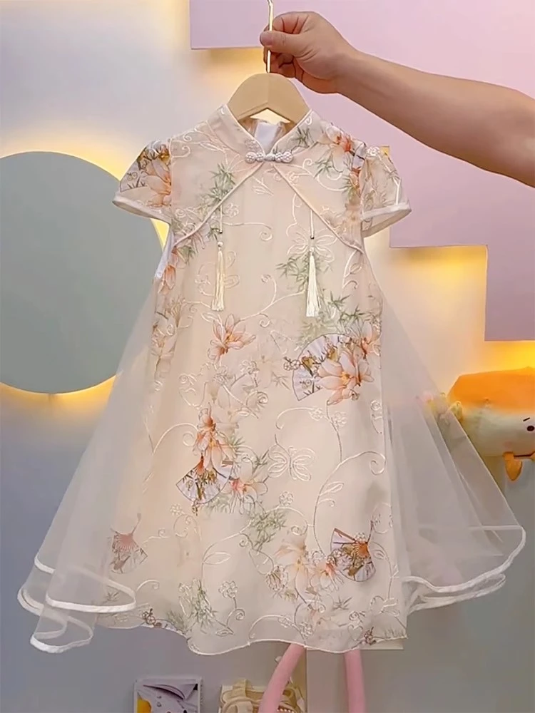 儿童夏季旗袍裙2024新款中国风古装女童汉服连衣裙孩子夏装碎花裙