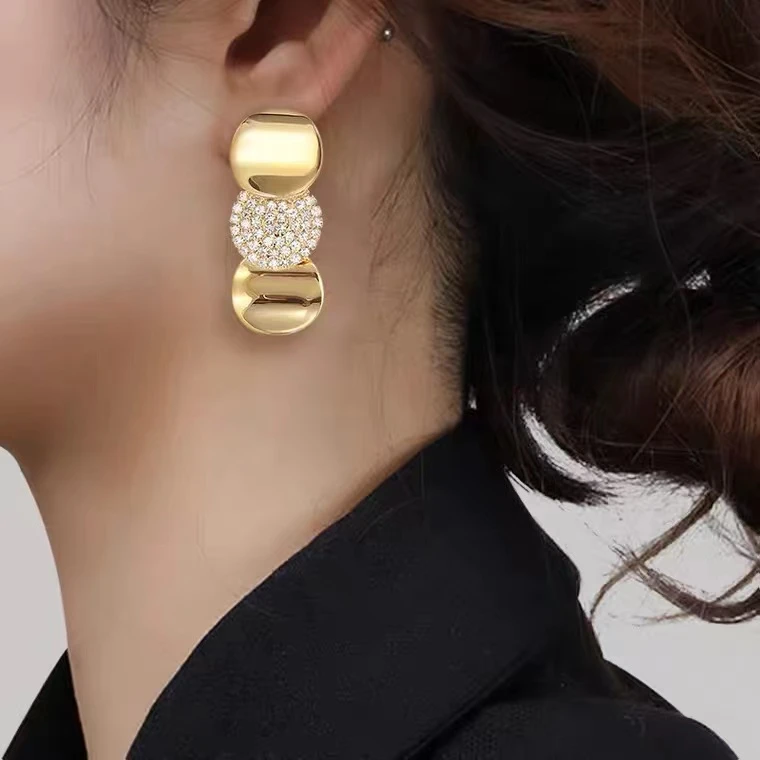 铜合金耳饰 【三生三世】金属风个性微镶圆盘长款时尚耳环