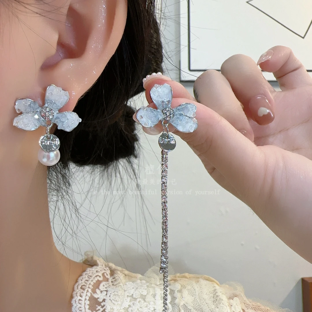 铜合金耳饰 蓝色AB款花朵长款个性珠珠 流苏轻奢高级时尚耳环