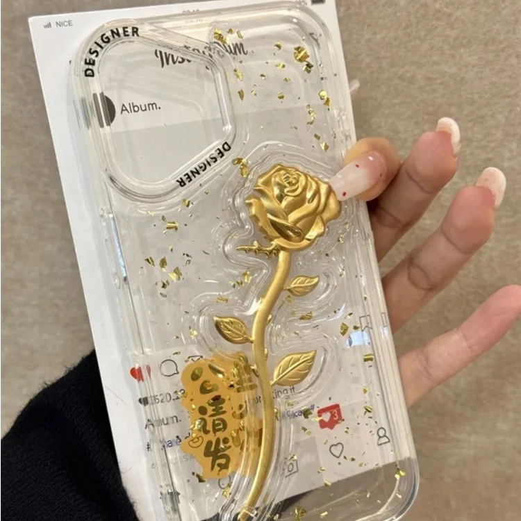 金箔滴胶立体金玫瑰适用苹果16promax手机壳15pro手链14高级感13