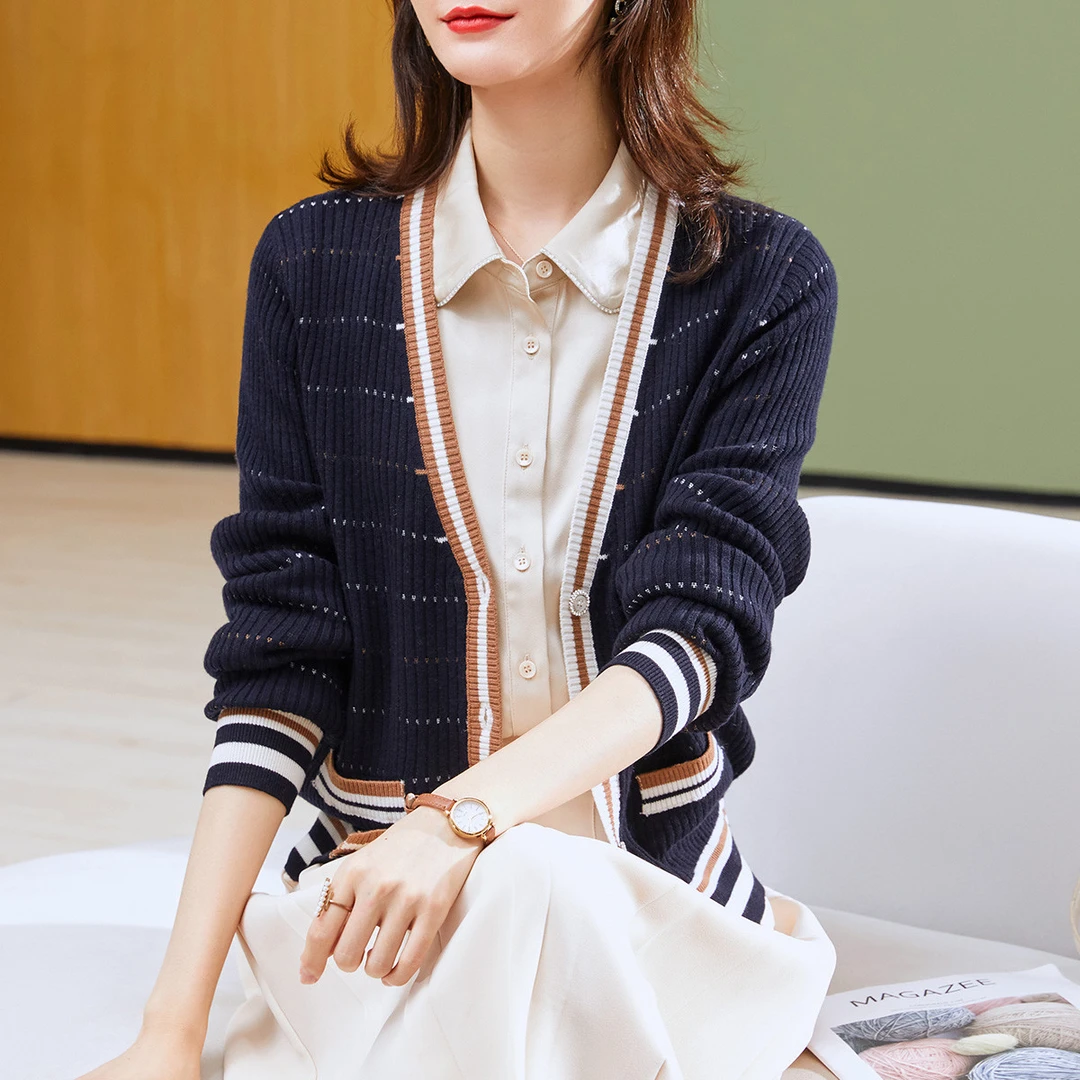 加厚纯羊毛新款V领条纹撞色衣外套开衫/孤品/TW503646/646