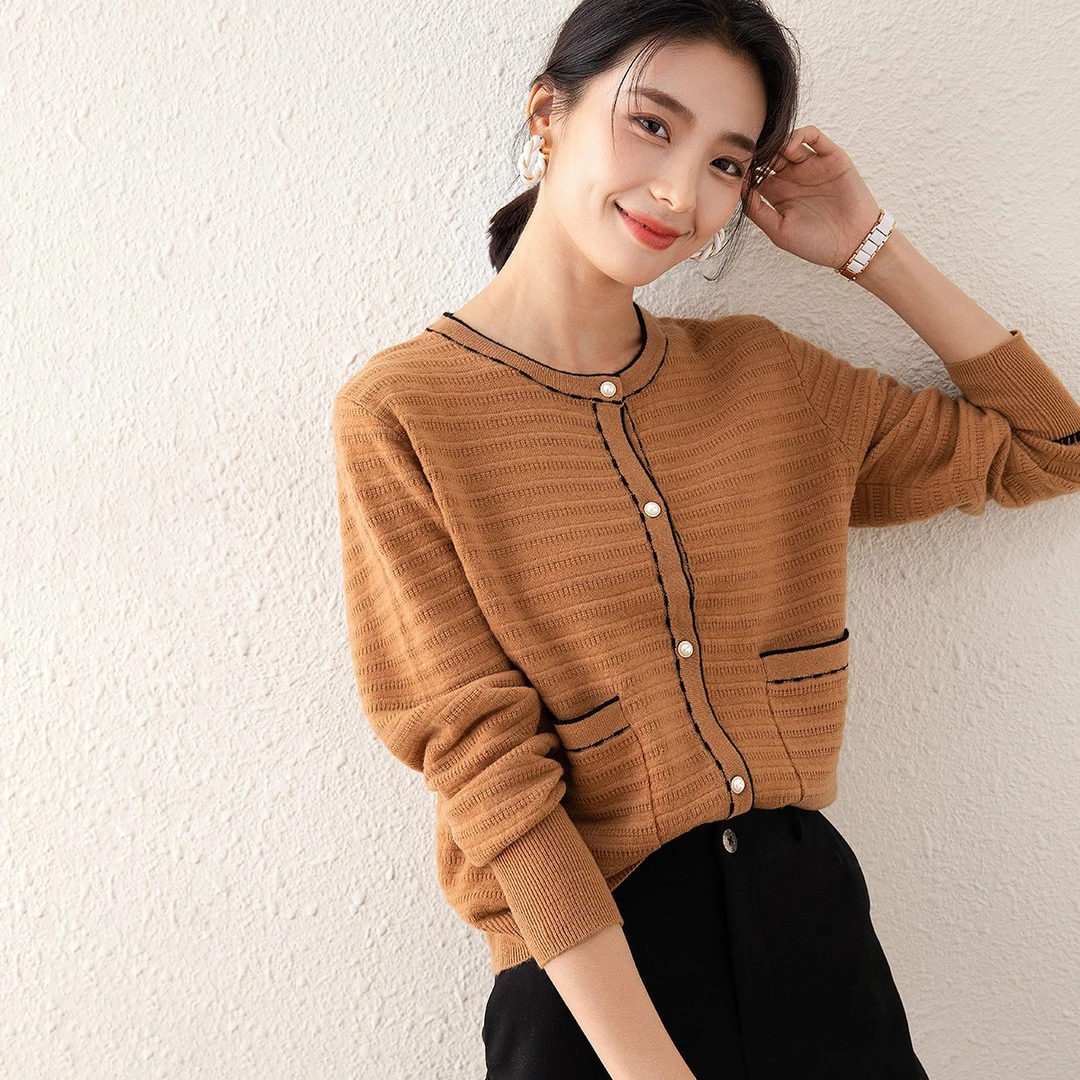 纯羊毛秋冬新款撞色休闲外套针织百搭女开衫/孤品/TW625737/737