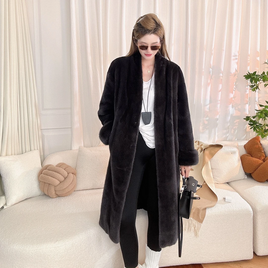 【朱朱】新款进口天鹅绒整貂长款挽袖大衣海宁水貂毛皮草气质设计师