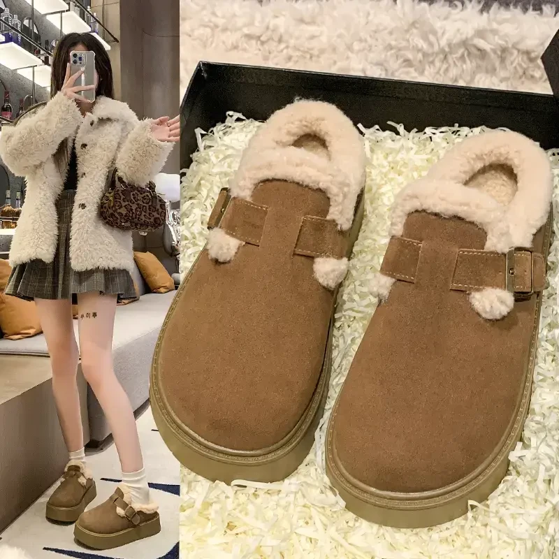 【陈秀秀女鞋】加绒勃肯鞋女2024新款冬毛毛半拖外穿一脚蹬包头棉鞋