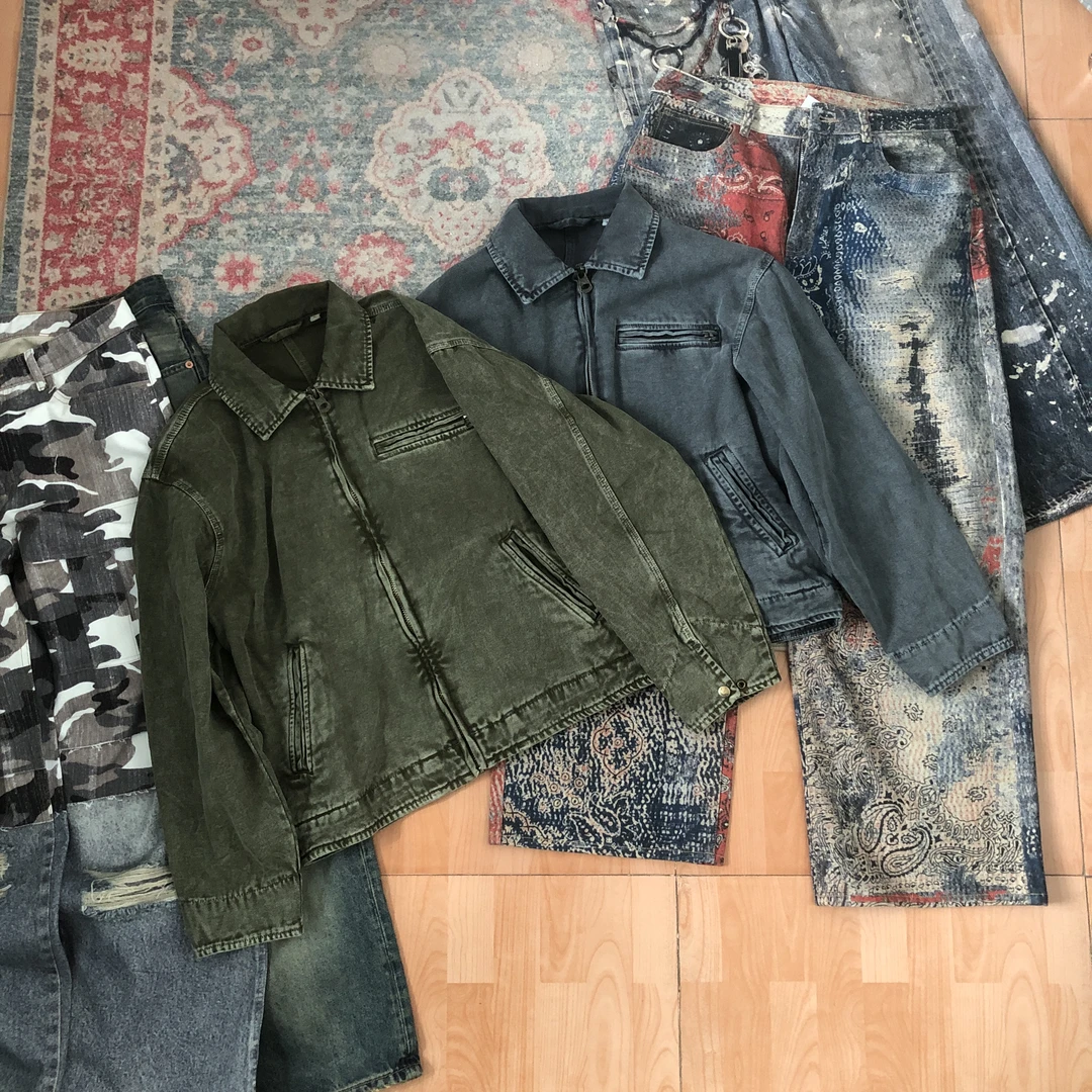 潮集势商店美式底特律重磅水洗做旧工装外套翻领短宽夹克