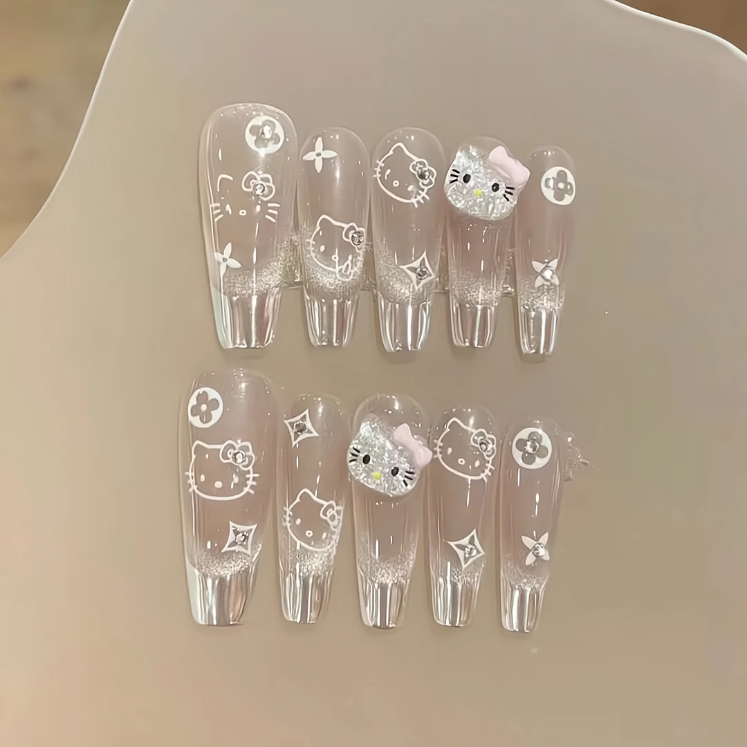 纯手工穿戴甲爆闪猫眼法式魔镜kitty高级感显白气质中长款美甲贴