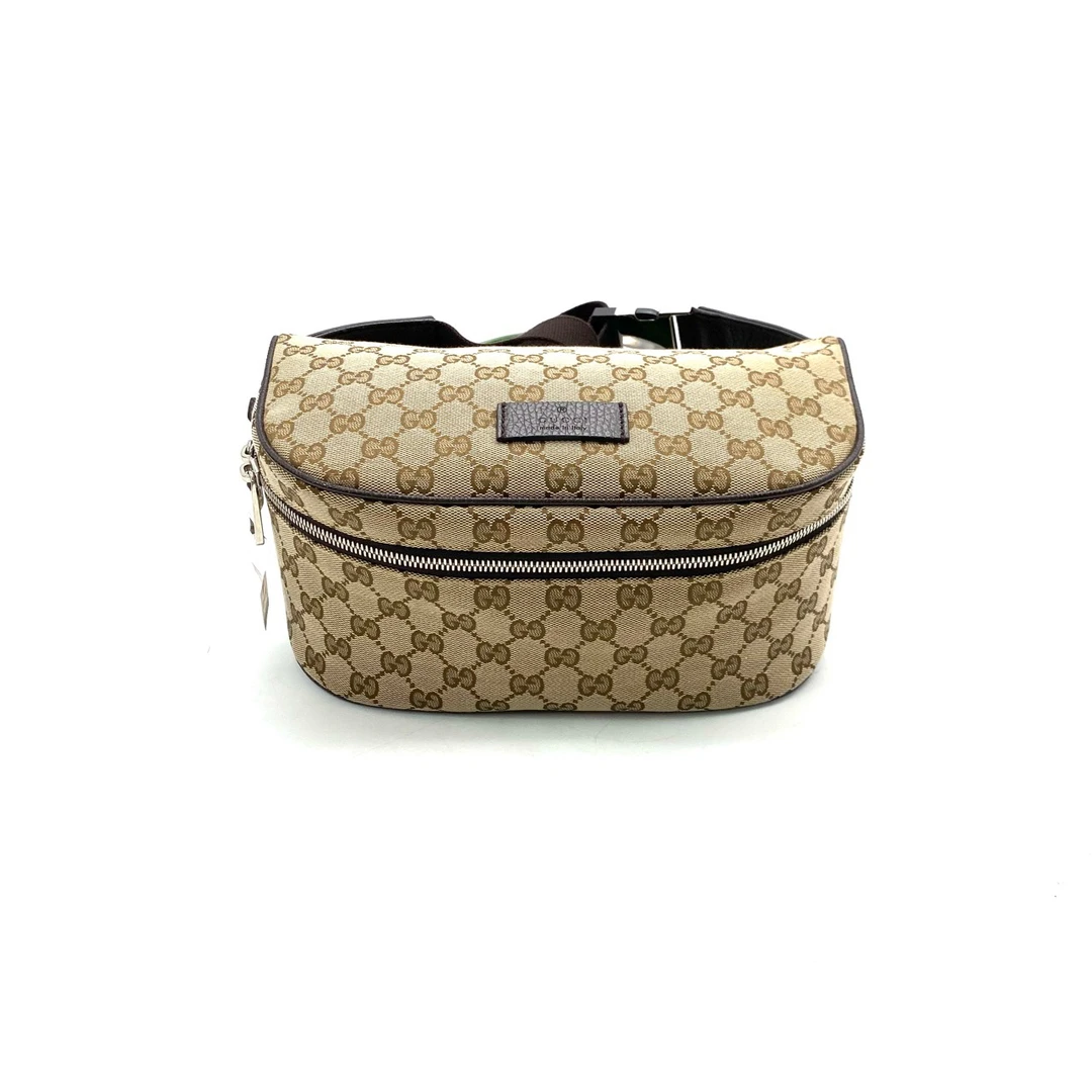 99新 GUCCI/古驰 99新经典老花帆布胸腰包 尺寸27/12拼皮男士棕色