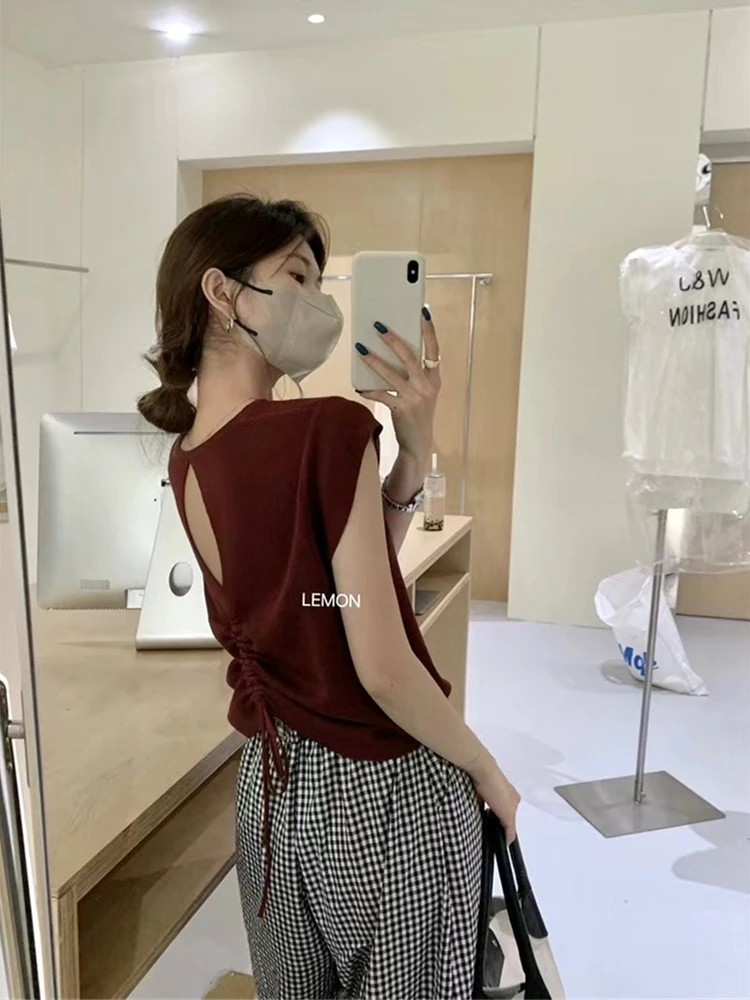 韩系设计感镂空露背冰丝针织短袖t恤女夏季薄款独特别致抽绳上衣