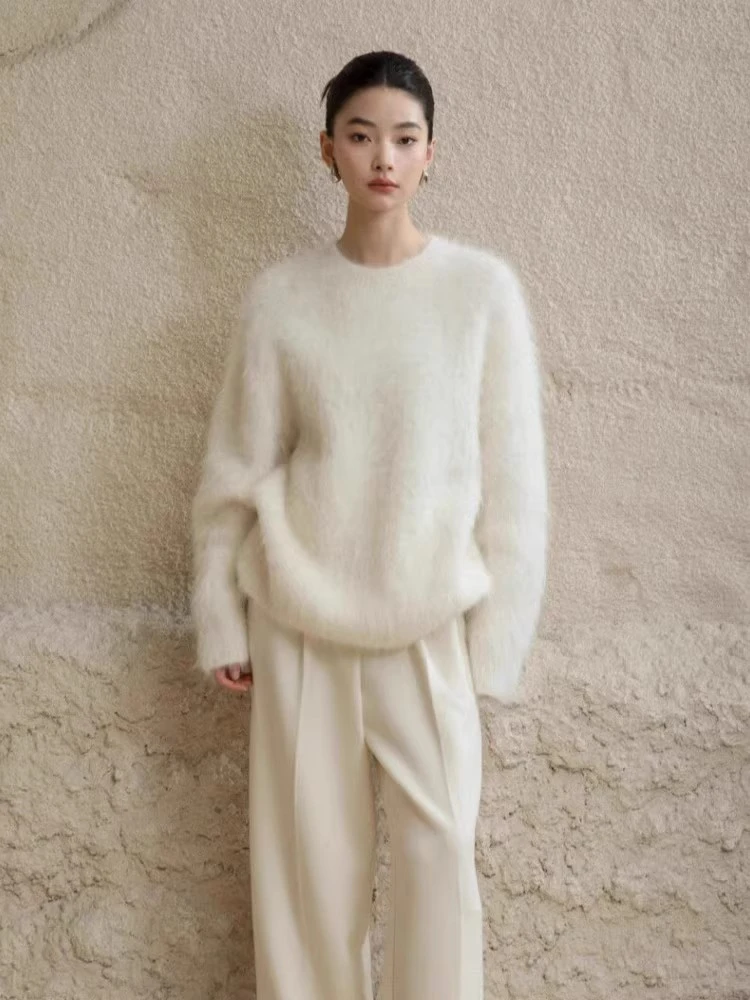 仿水貂绒白色套头毛衣女秋冬加厚新款慵懒软糯圆领长袖针织衫上衣