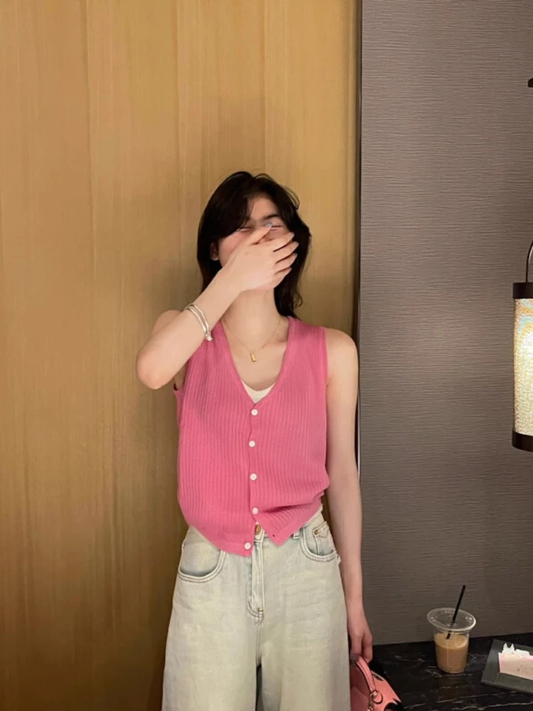 假两件玫红色v领冰丝针织吊带背心女夏季薄款设计感外穿无袖上衣