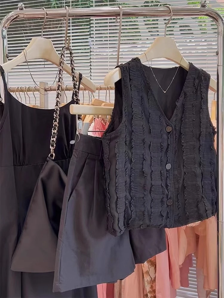肌理感黑色v领马甲背心女春秋高级感时尚气质外穿设计感无袖上衣