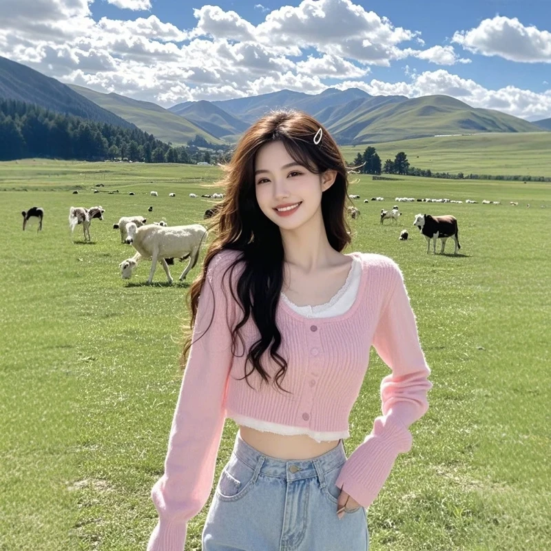 粉色假两件蕾丝花边长袖针织衫女秋冬温柔风甜辣短款毛衣内搭上衣