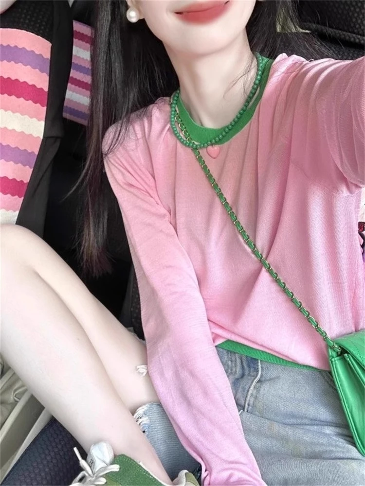 粉色多巴胺圆领正肩长袖t恤女春秋新款宽松显瘦内搭甜美外穿上衣