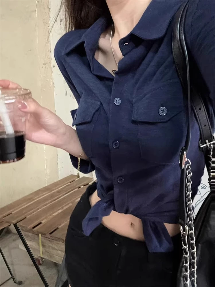 纯欲风气质修身长袖衬衫女春秋设计感收腰显瘦衬衣藏蓝色翻领上衣