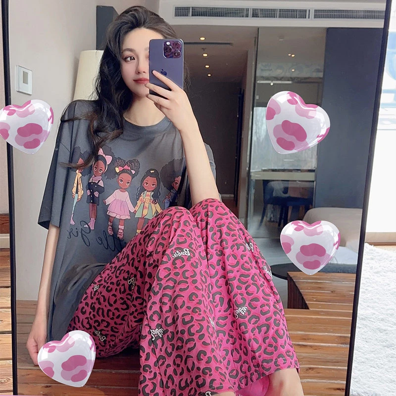 豹纹莫代尔睡衣女春夏季薄款短袖长裤卡通大码两件套秋家居服套装