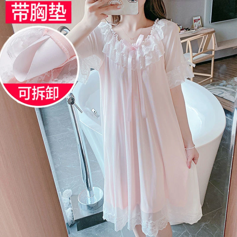 带胸垫睡裙女夏季莫代尔棉夏天宫廷甜美公主风睡衣裙中长款可外穿
