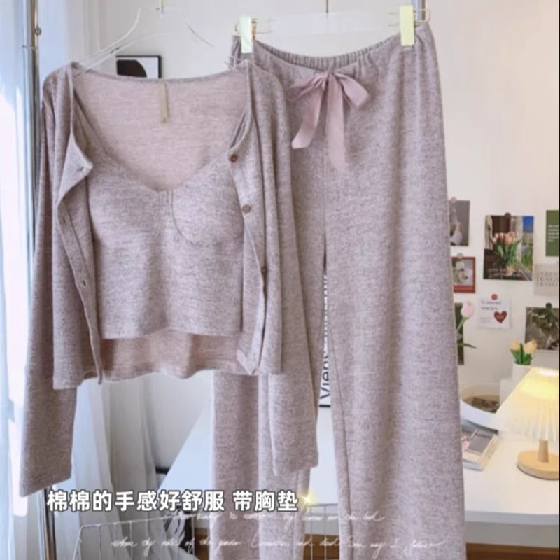 新款莫代尔三件套睡衣女士性感吊带春秋季长袖棉带胸垫家居服夏天