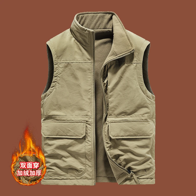 加绒加厚马甲男款双面穿秋冬外套立领工装男士马夹多口袋中老年