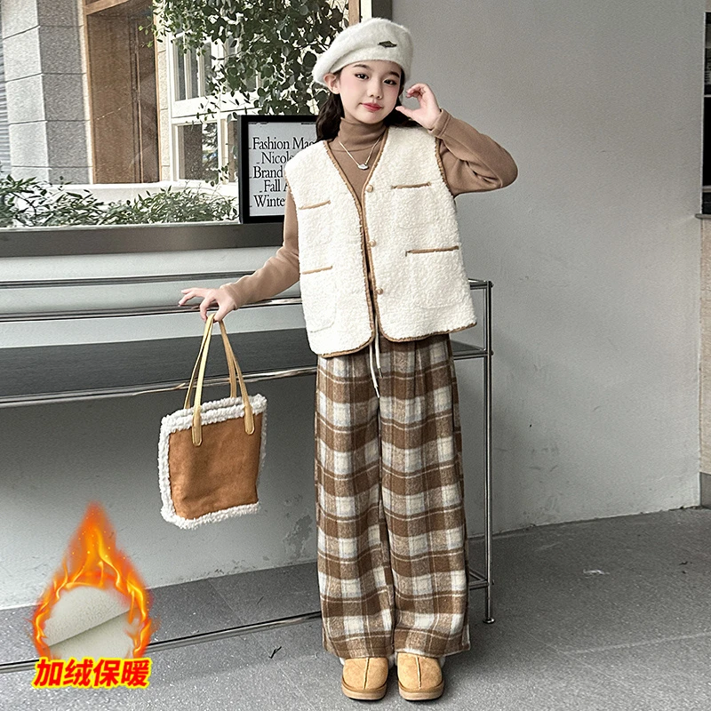 女童秋冬款套装2024新款6-12岁15岁中大童深秋洋气加绒马甲三件套