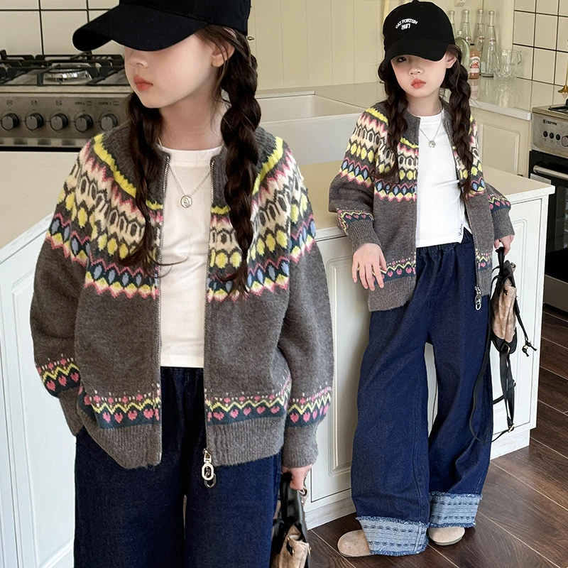 女童毛衣针织开衫外套2024新款6-12岁15岁中大童秋季时尚休闲外套