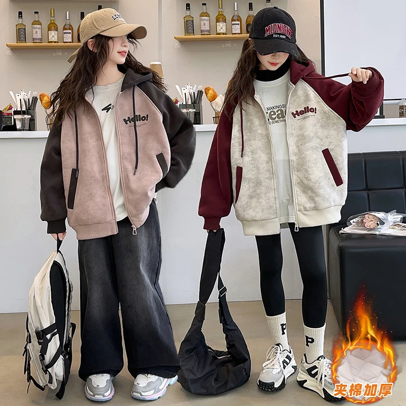 儿童秋冬款夹棉加厚外套新款6-12岁15洋气大童冬季休闲连帽上衣