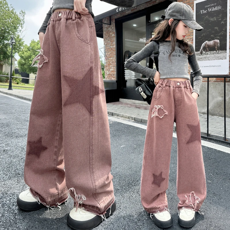 女童裤子春秋款2024新款6-12岁15岁中大童秋季洋气休闲牛仔阔腿裤