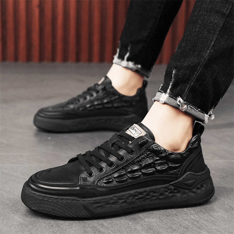 鞋子男板鞋秋款真皮男鞋复古时尚鳄鱼纹男鞋英伦男士板鞋休闲潮鞋